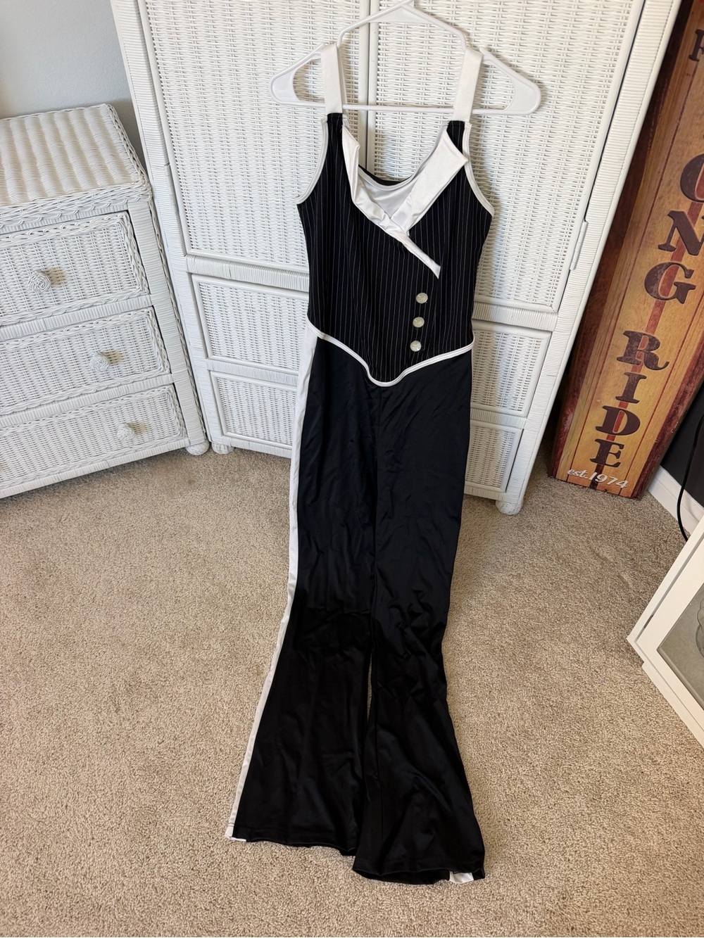 Weissman Black and White Pinstripe Jumpsuit with Contrast Trim